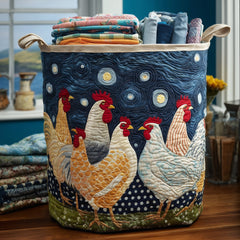 Starry Night Roosters Quilted Laundry Basket Rooster Lover Hamper Unique Room Decor Gifts