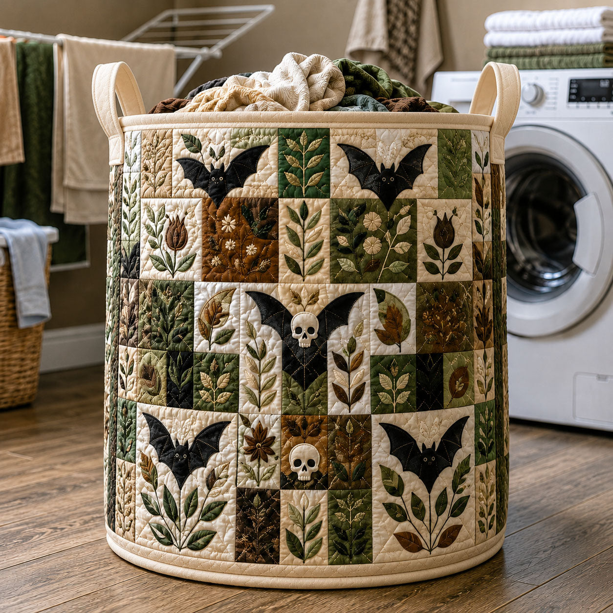 Spooky Botanical Quilted Laundry Basket Bat Skull Floral Laundry Hamper Present For Home Lovers