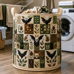 Spooky Botanical Quilted Laundry Basket Bat Skull Floral Laundry Hamper Present For Home Lovers