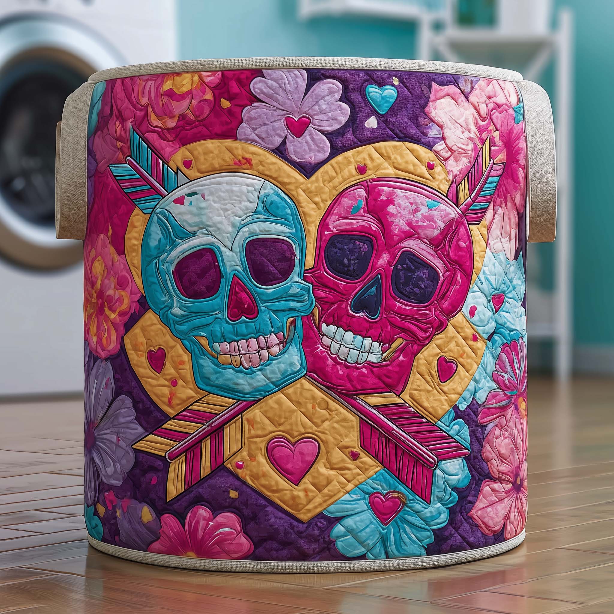 Skull Love Quilted Laundry Basket Skull Couple Storage Basket Gift For Cozy Spaces