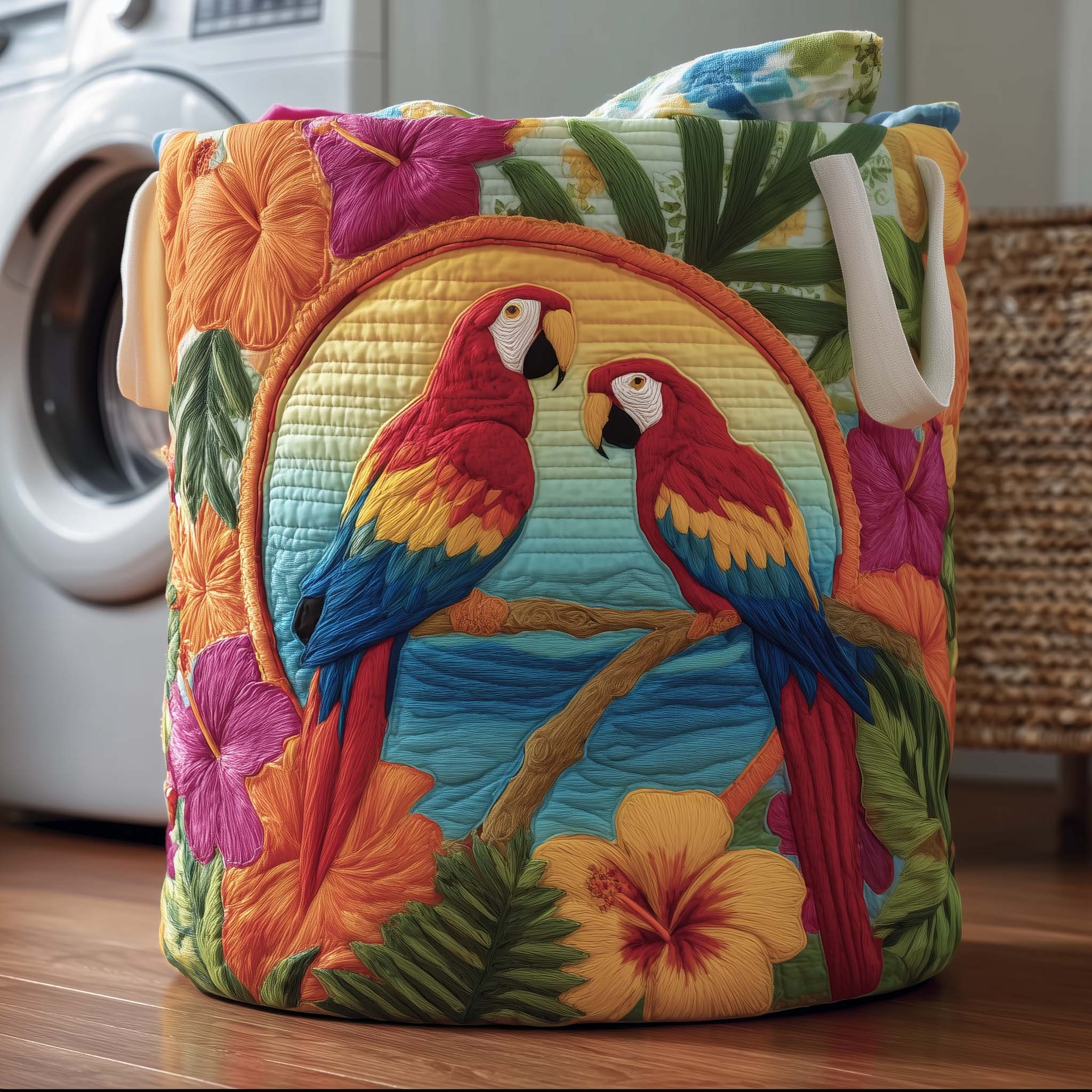 Tropical Parrot Paradise Quilted Laundry Basket Parrot Lover Clothes Hamper Top Decor Gift