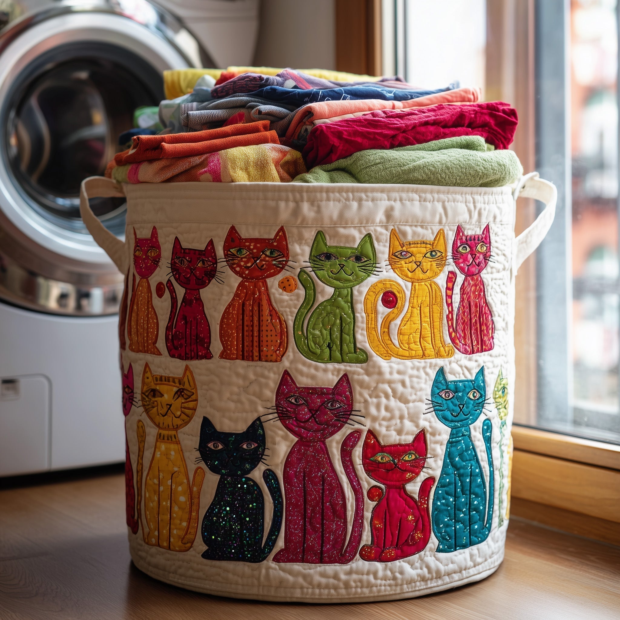 Whimsical Cat Parade Quilted Laundry Basket Cat Lover Laundry Bin Present For House Lovers