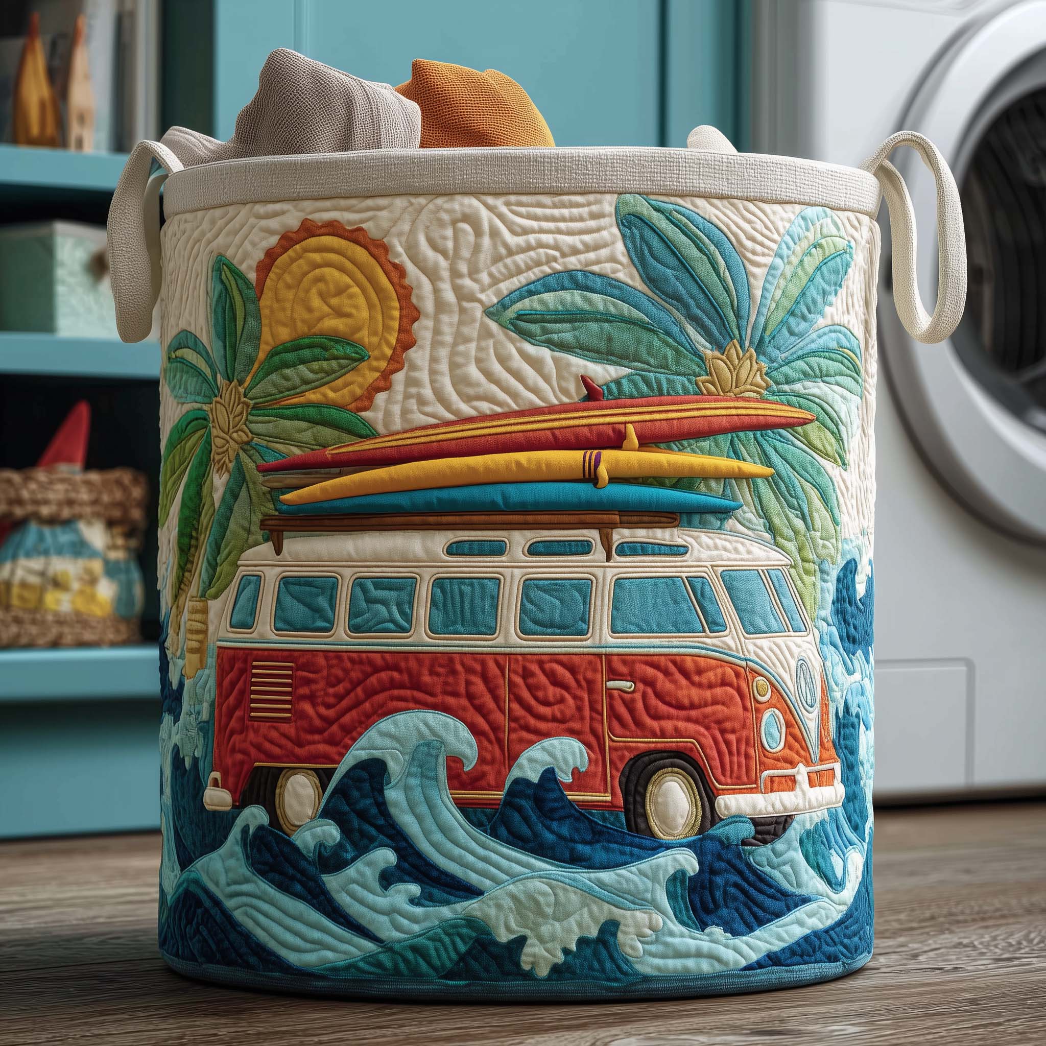 Surf Van Beach Quilted Laundry Basket Van Surfing Waves Laundry Bin Unique Home Decor Gifts