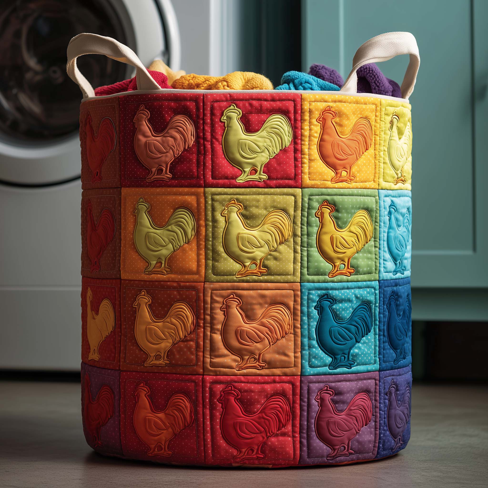 Rooster Patchwork Quilted Laundry Basket Rooster Lover Clothes Hamper Top Decor Gift