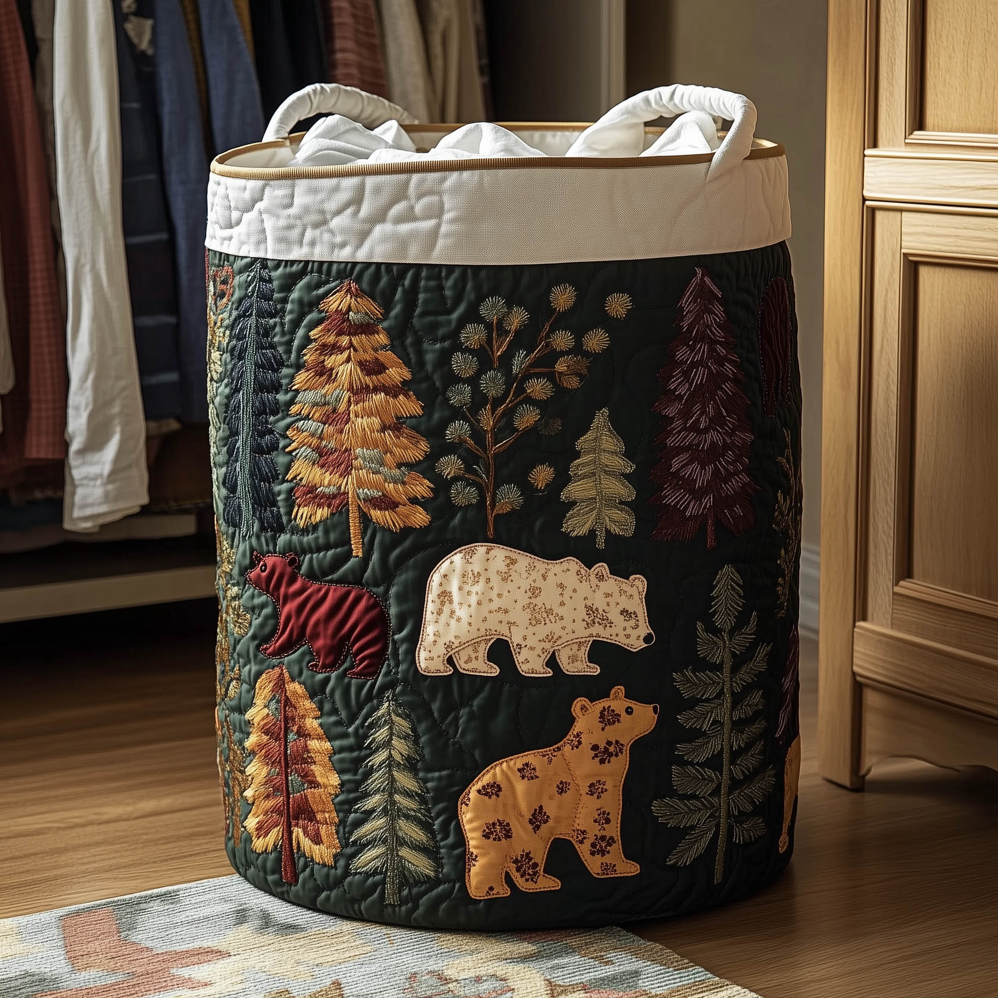 Woodland Bear Quilted Laundry Basket Bear Lover Clothes Hamper Interior Gift Ideas