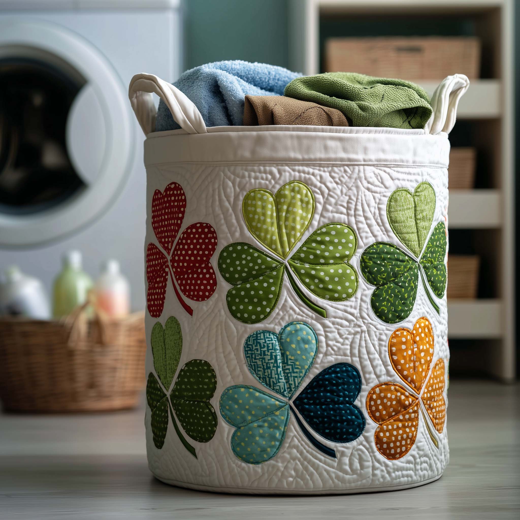 Shamrock Patchwork Quilted Laundry Basket Shamrock Lover Clothes Hamper Cool Room Decor