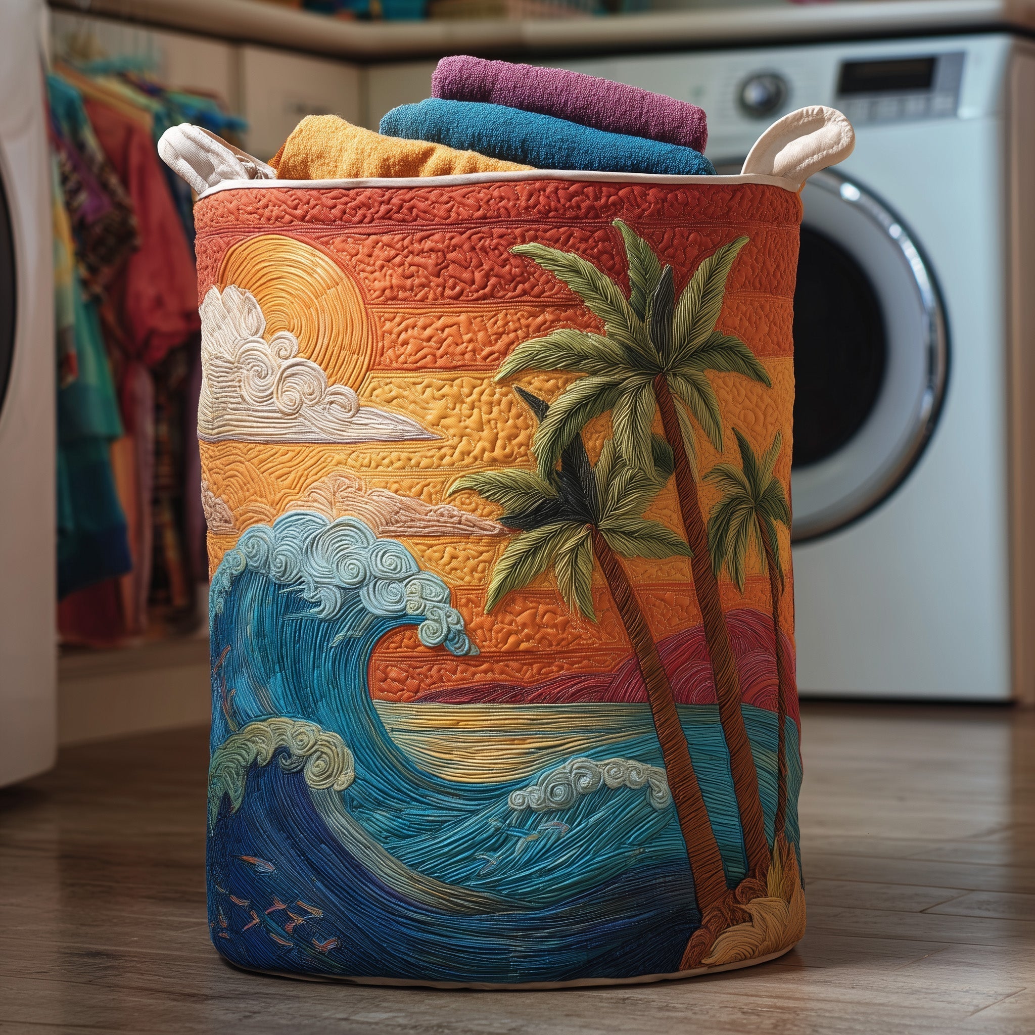 Tropical Sunset Wave Quilted Laundry Basket Palm Tree Sunset Hamper Great Home Decor Finds
