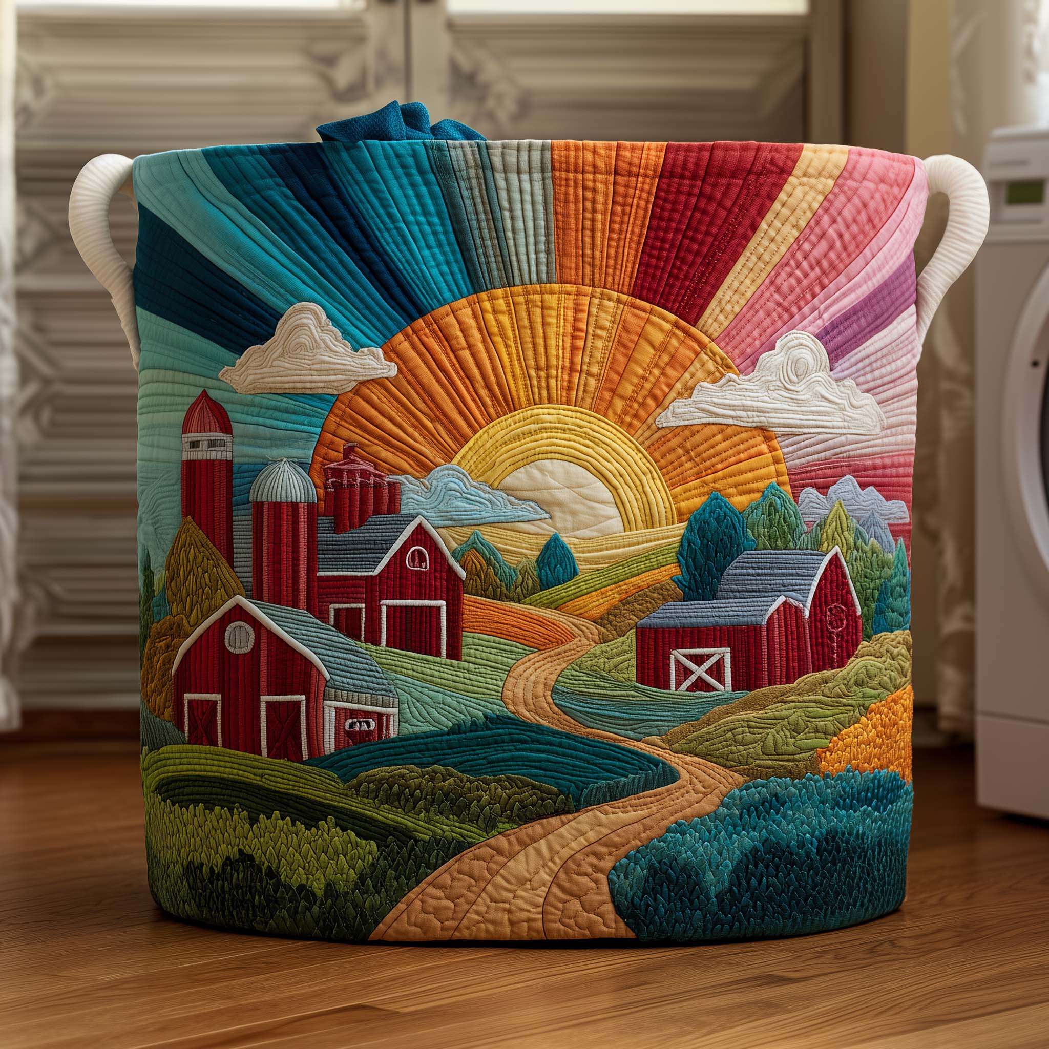 Sunrise Farmstead Quilted Laundry Basket Farmhouse Sunrise Hamper Unique Home Decor Gifts