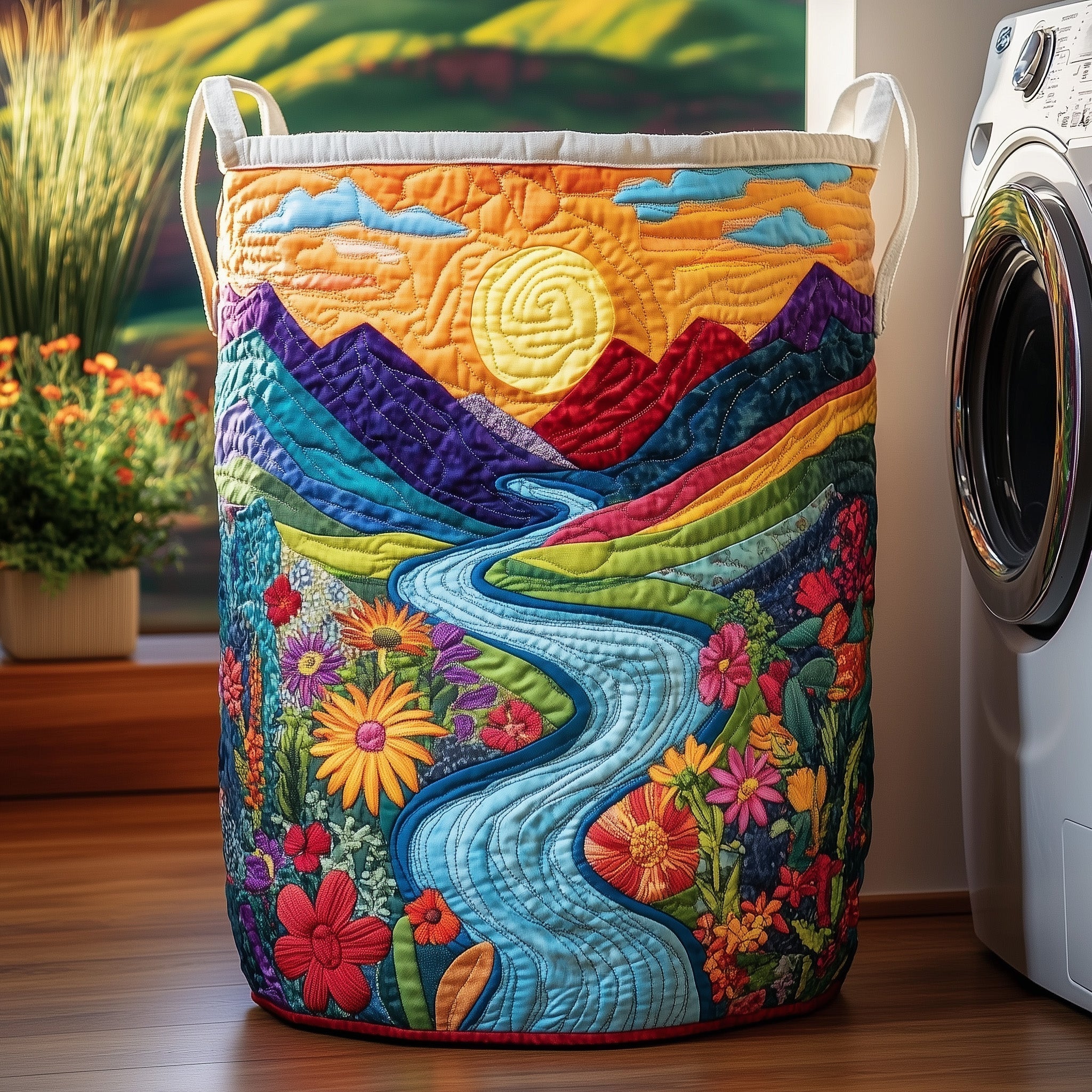 Rainbow River Valley Quilted Laundry Basket Floral Mountain Scene Storage Basket House Gift