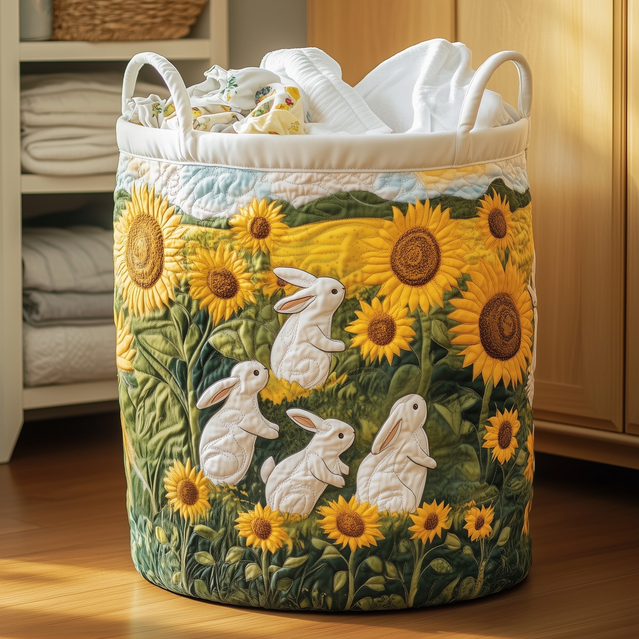 Sunflower Bunny Meadow Quilted Laundry Basket Bunny Lover Laundry Hamper Decor Gift