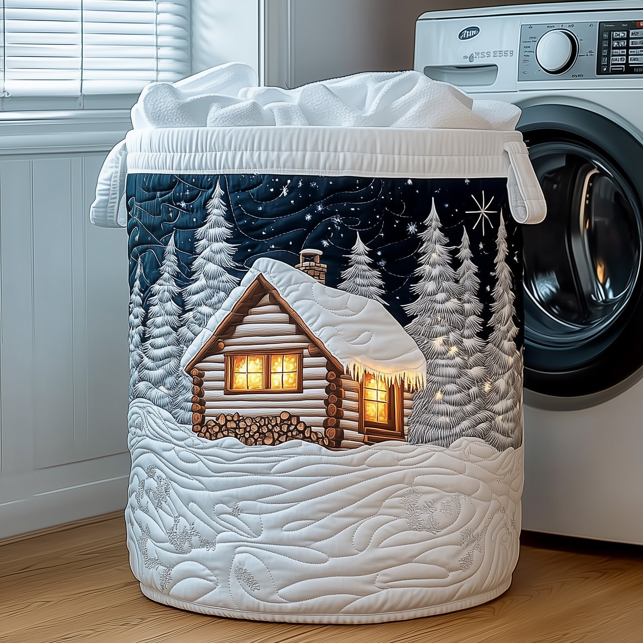 Winter Cabin Scene Quilted Laundry Basket Cabin In Snow Clothes Hamper Best Home Decor Gifts