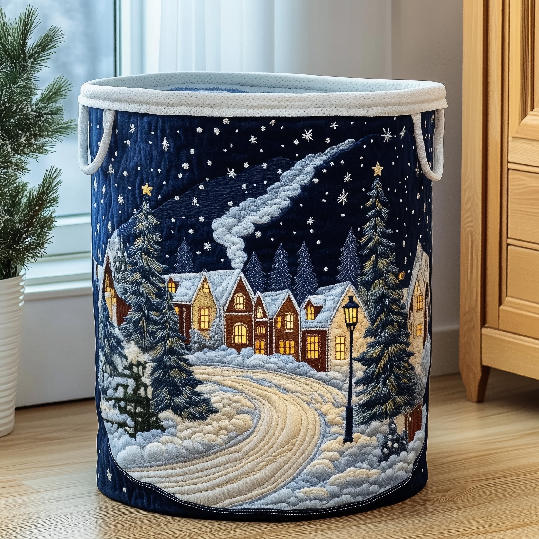 Winter Village Quilted Laundry Basket Snowy Village Scene Laundry Hamper Home Decor Ideas