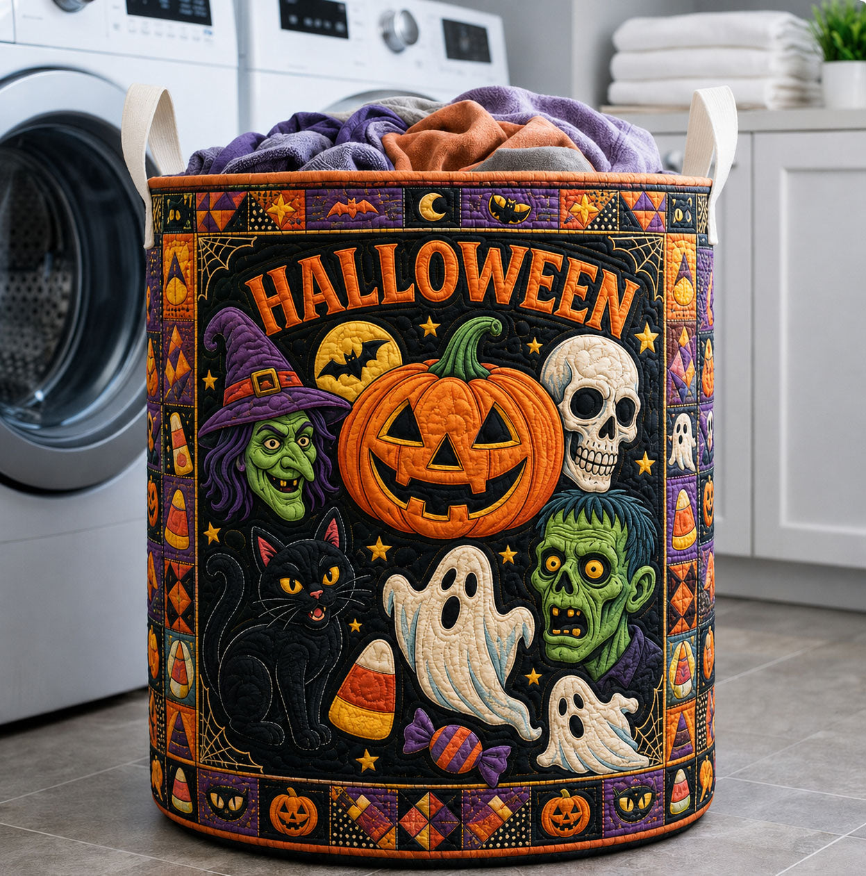 Spooky Halloween Fun Quilted Laundry Basket Halloween Black Cat Clothes Hamper Top Gift