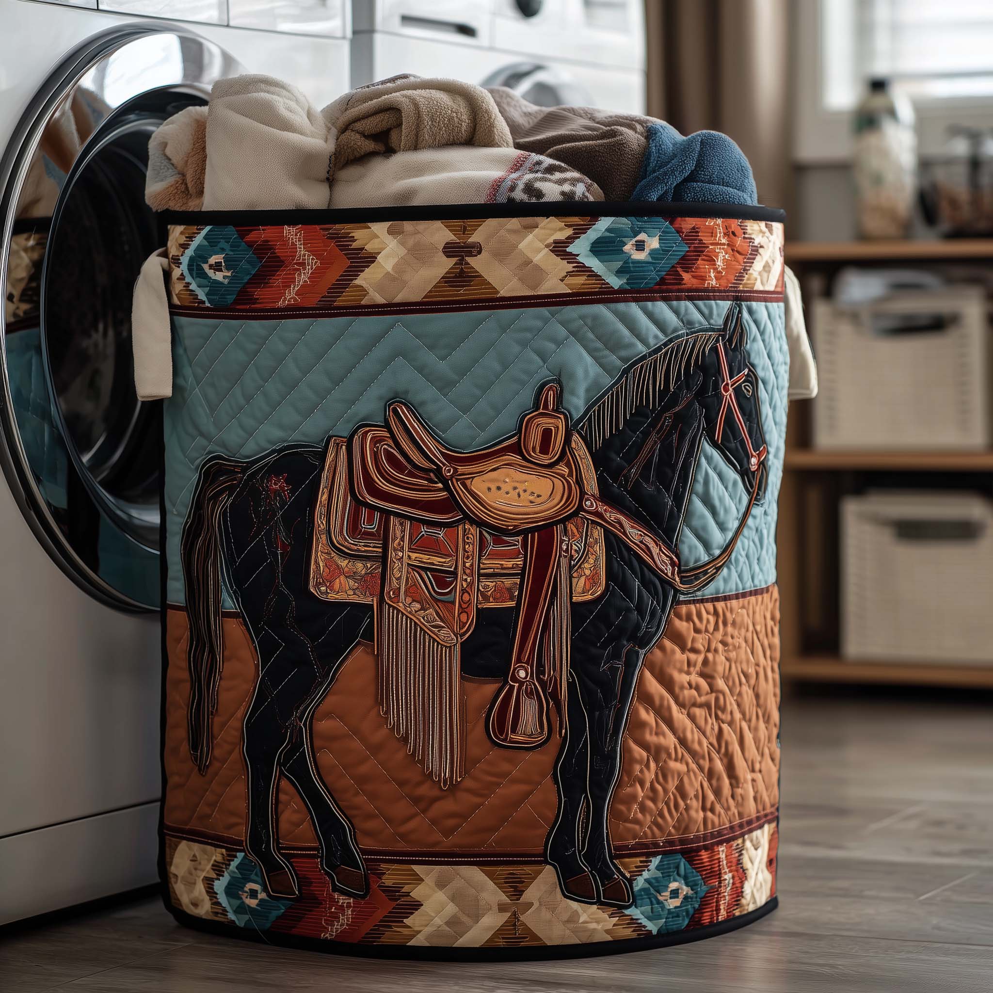 Western Horse Quilted Laundry Basket Horse Lover Storage Basket Gift For Cozy Spaces