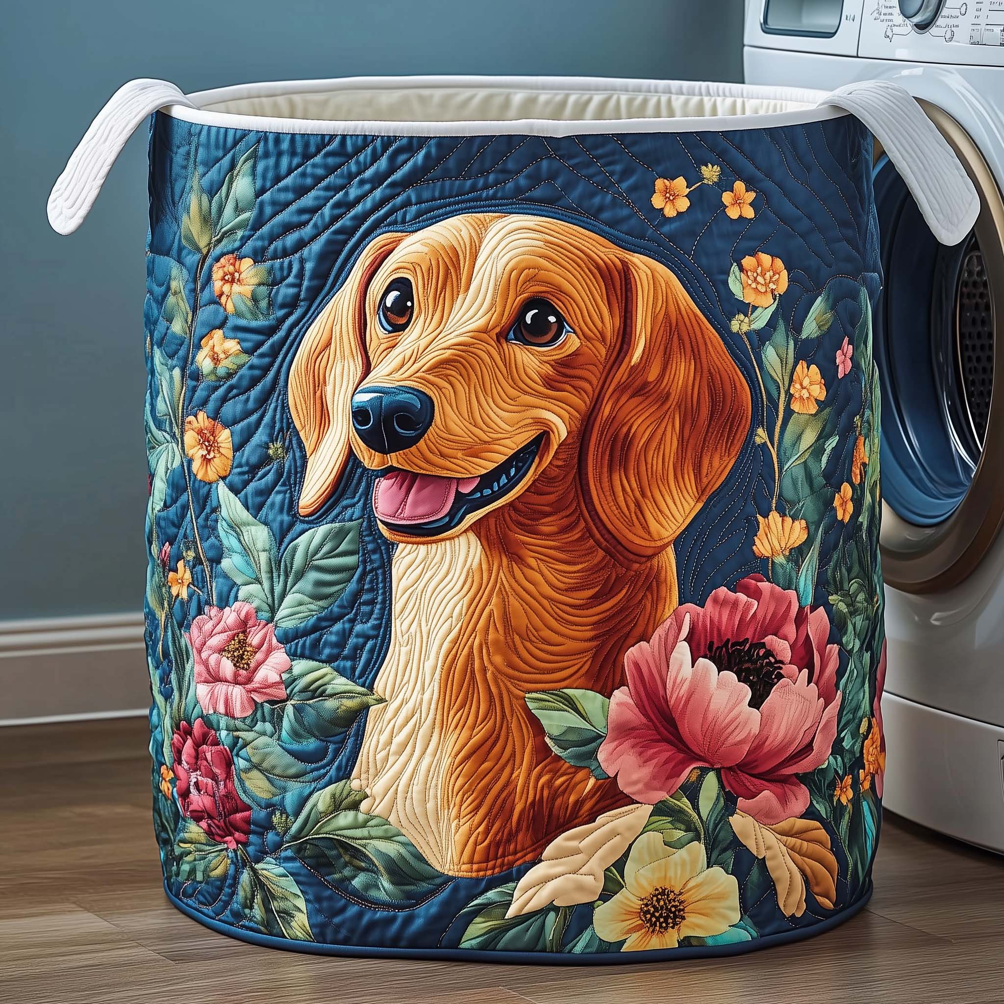 Floral Dog Portrait Quilted Laundry Basket Dog Lover Laundry Hamper Gift For Home Decorators