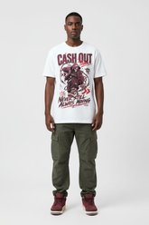 Cash Out Team Graphic Tee mockup v2 - design clearly visible, male model streetwear editorial