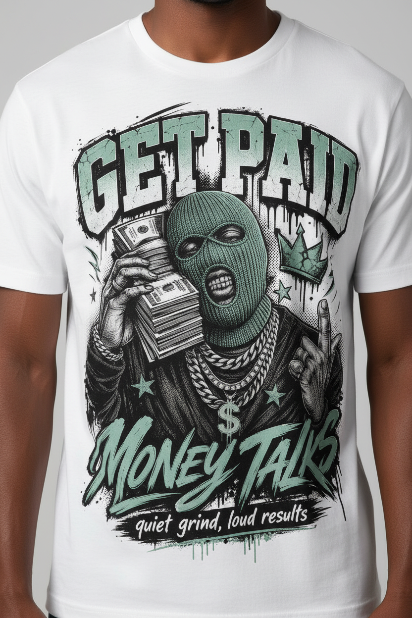 Get Paid Money Talk Graphic Tee - Zoomed chest mockup