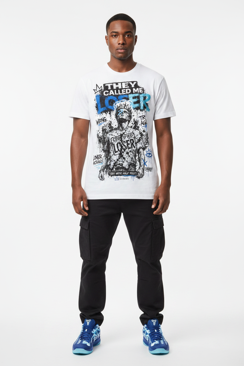 Male model wearing They Called Me Loser graphic tee with Nike Zoom Kobe 5 Protro X-Ray sneakers