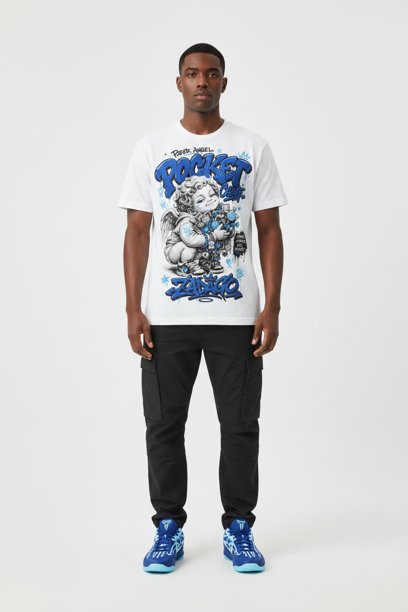 Male model wearing Paper Angel Pocket Change graphic tee with Nike Zoom Kobe 5 Protro X-Ray sneakers