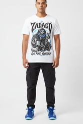 Male model wearing Go Fund Yourself graphic tee with Nike Zoom Kobe 5 Protro X-Ray sneakers