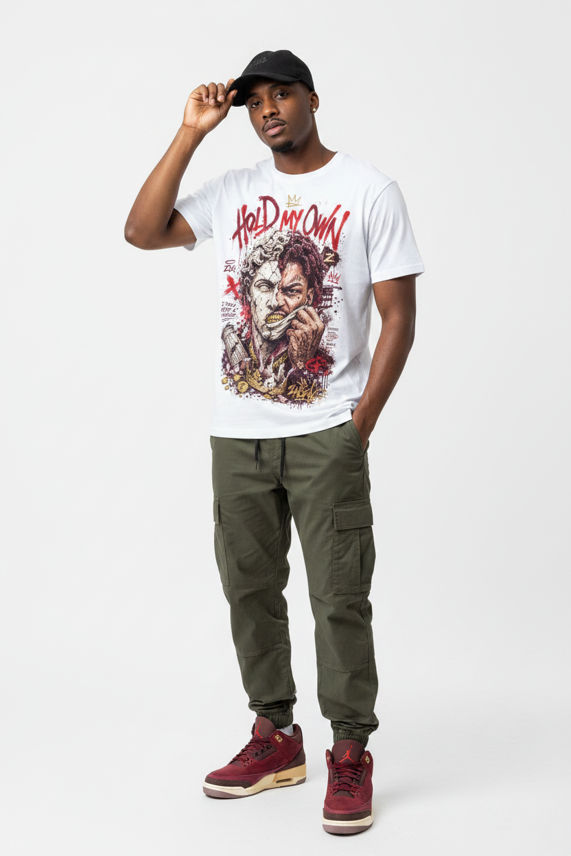 Mockup - Hold My Own Graphic Tee worn by male model with Air Jordan 3 Bin23