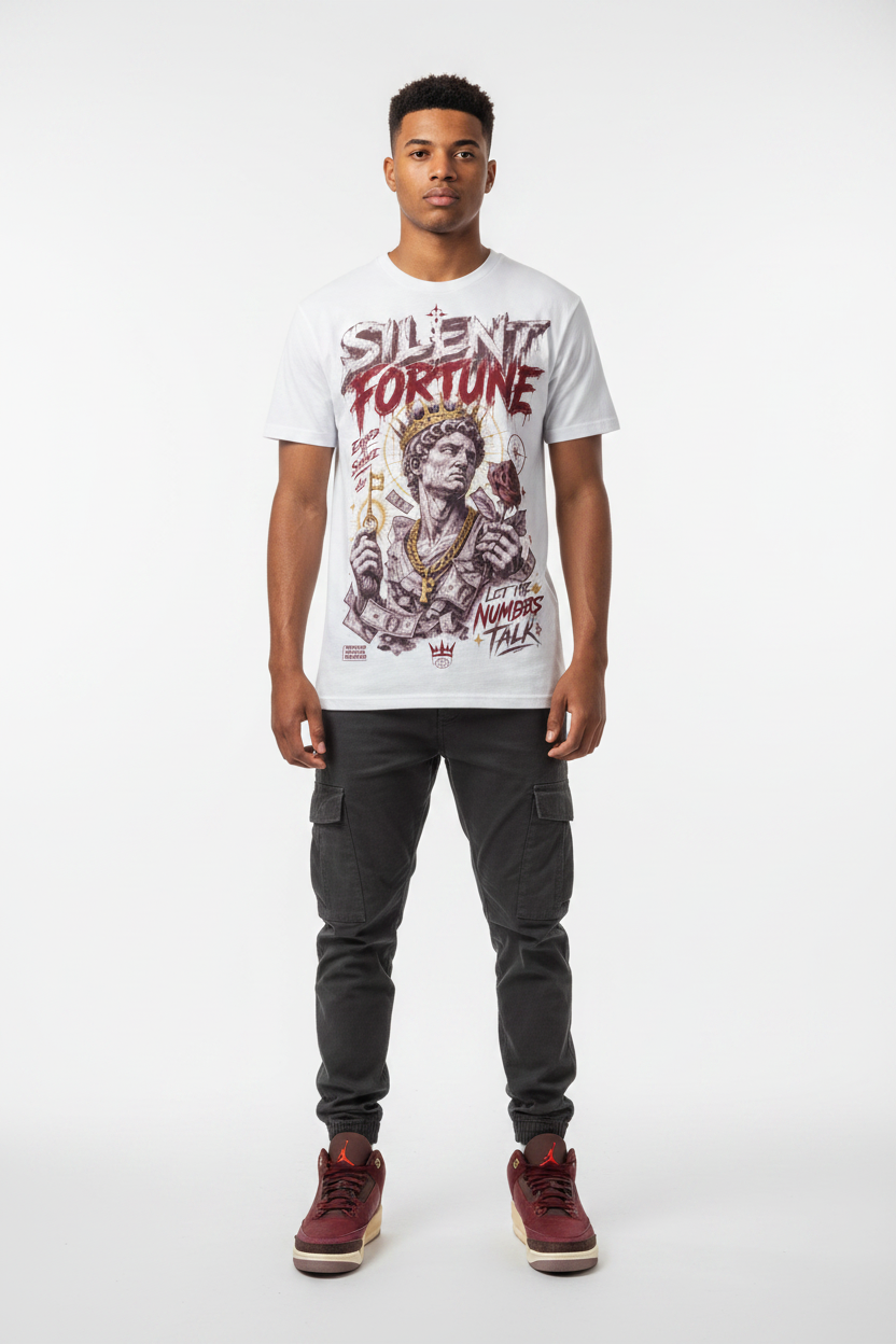 Male model wearing Silent Fortune Zadago graphic tee with Air Jordan 3 Bin23 sneakers, studio background