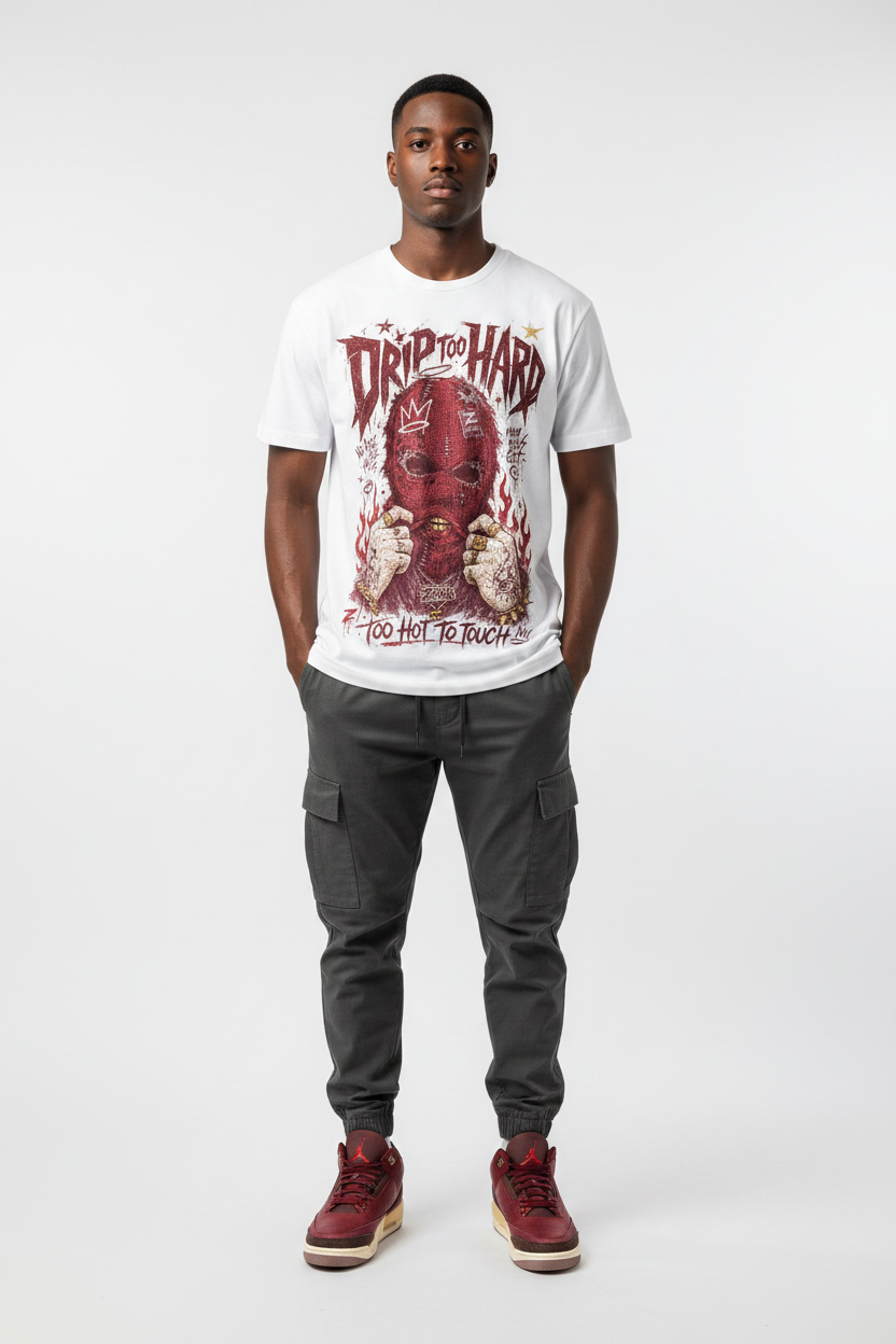 Male model wearing Drip To Hard Graphic Tee with Air Jordan 3 Bin23