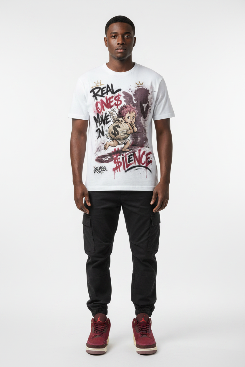Mockup - Real Ones Move In Silence Graphic Tee worn by male model with Air Jordan 3 Bin23