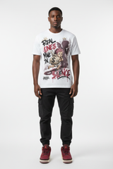Mockup - Real Ones Move In Silence Graphic Tee worn by male model with Air Jordan 3 Bin23