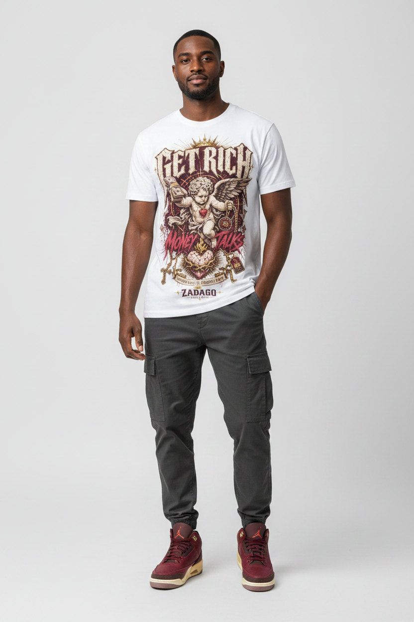 Get Rich Money Talk Graphic Tee mockup - male model streetwear editorial