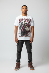 Male model wearing Self Funded No Handouts No Apologies Zadago graphic tee with Air Jordan 3 Bin23 sneakers, studio background