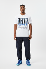 Male model wearing Elevate Yourself graphic tee with Nike Zoom Kobe 5 Protro X-Ray sneakers
