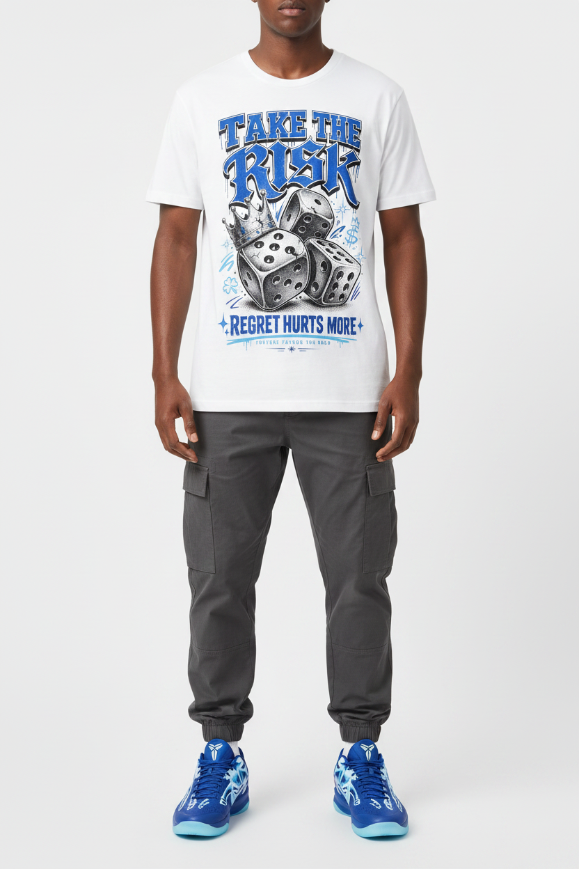 Male model wearing Take The Risk graphic tee with Nike Zoom Kobe 5 Protro X-Ray sneakers