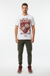 Mockup - Blessed Number Graphic Tee worn by male model with Air Jordan 3 Bin23