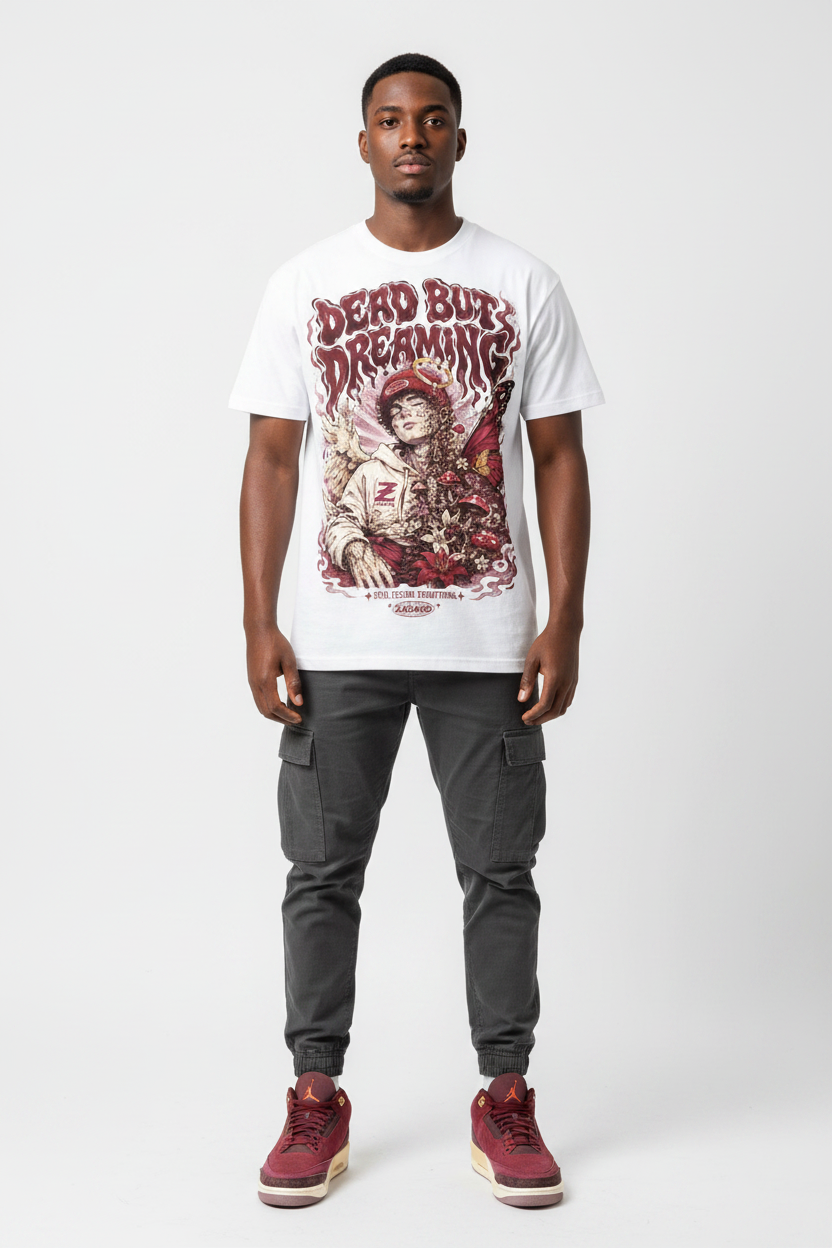 Dead But Dreaming Graphic Tee mockup - male model streetwear editorial
