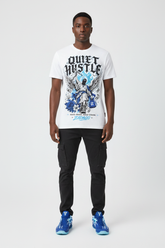 Male model wearing Quiet Hustle graphic tee with Nike Zoom Kobe 5 Protro X-Ray sneakers