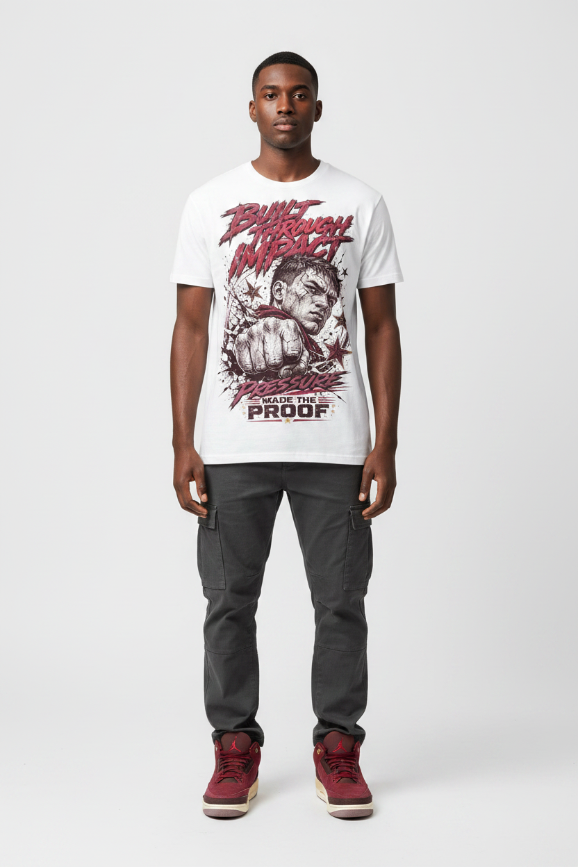 Mockup - male model wearing Built Through Impact graphic tee