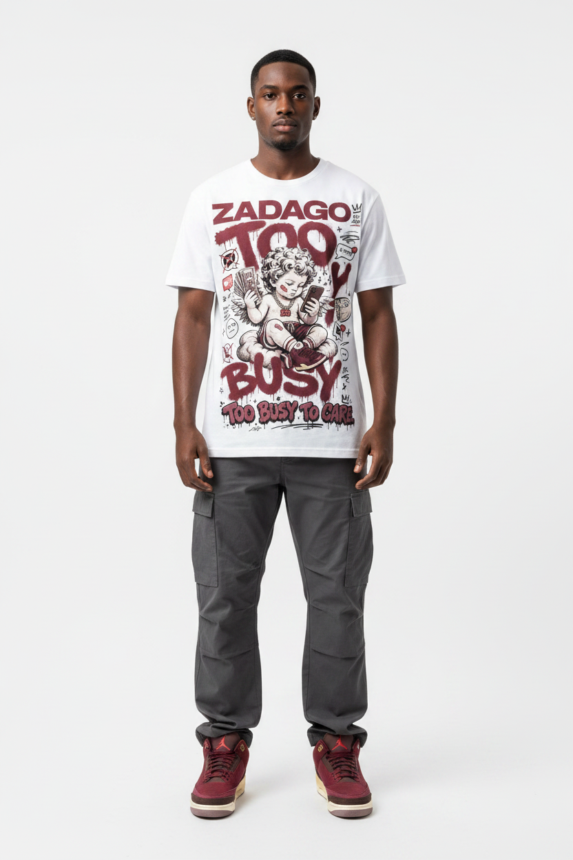 Too Busy To Care Graphic Tee mockup - male model streetwear editorial