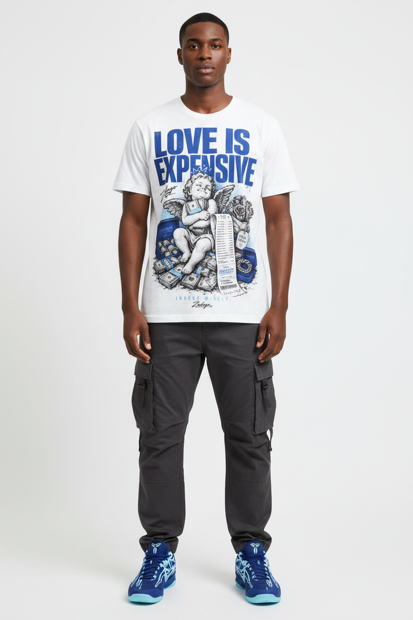 Male model wearing Love Is Expensive graphic tee with Nike Zoom Kobe 5 Protro X-Ray sneakers