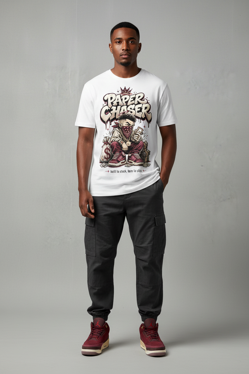 Paper Chaser Graphic Tee mockup - male model streetwear editorial