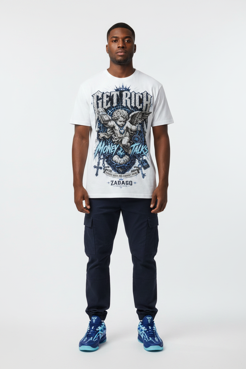 Male model wearing Get Rich Money Talk graphic tee with Nike Zoom Kobe 5 Protro X-Ray sneakers