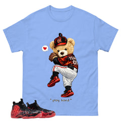 Play Hard Bear Graphic Tee, Shirt to Match Air Foamposite Stranger Things, Air Foamposite Unisex Blue Shirt
