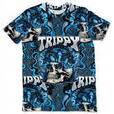Trippy Skull All Over Print Shirt Match Air Jordan 14 Black University Blue
