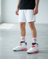 White Infrared Sneaker Match Socks ā Air Jordan 7 Retro White Infrared Inspired Mid-Calf Crew Socks