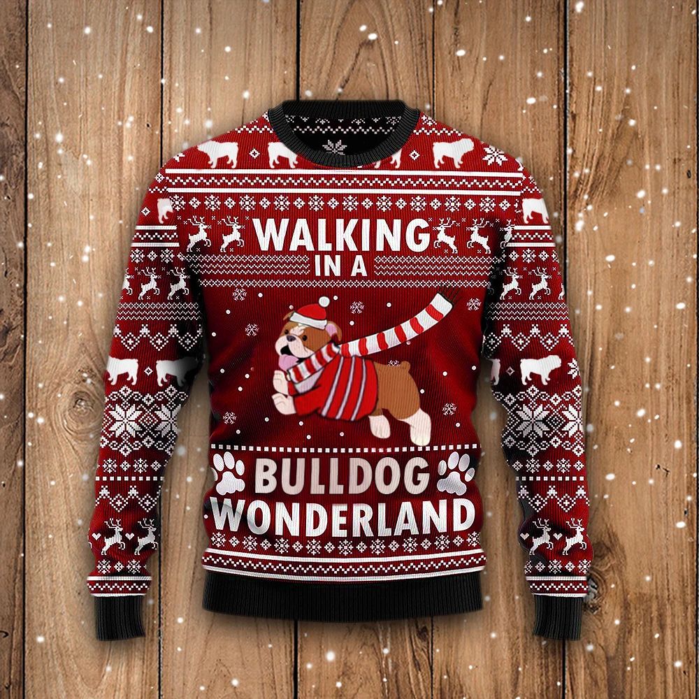 Walking In A Bulldog Wonderland Sweatshirt Funny Dog Ugly Christmas Sweater Winter Gift - Zadago