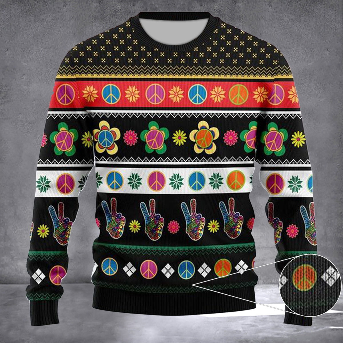 Hippie Peace Sign Ugly Christmas Sweater Peace Love Merry Christmas Clothing Gift Ideas - Zadago