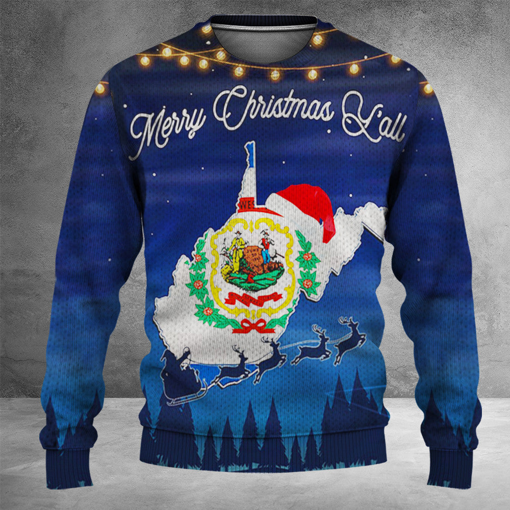 West Virginia Merry Christmas Y'all Sweater West Virginia Flag Map Xmas Holiday Apparel - Zadago