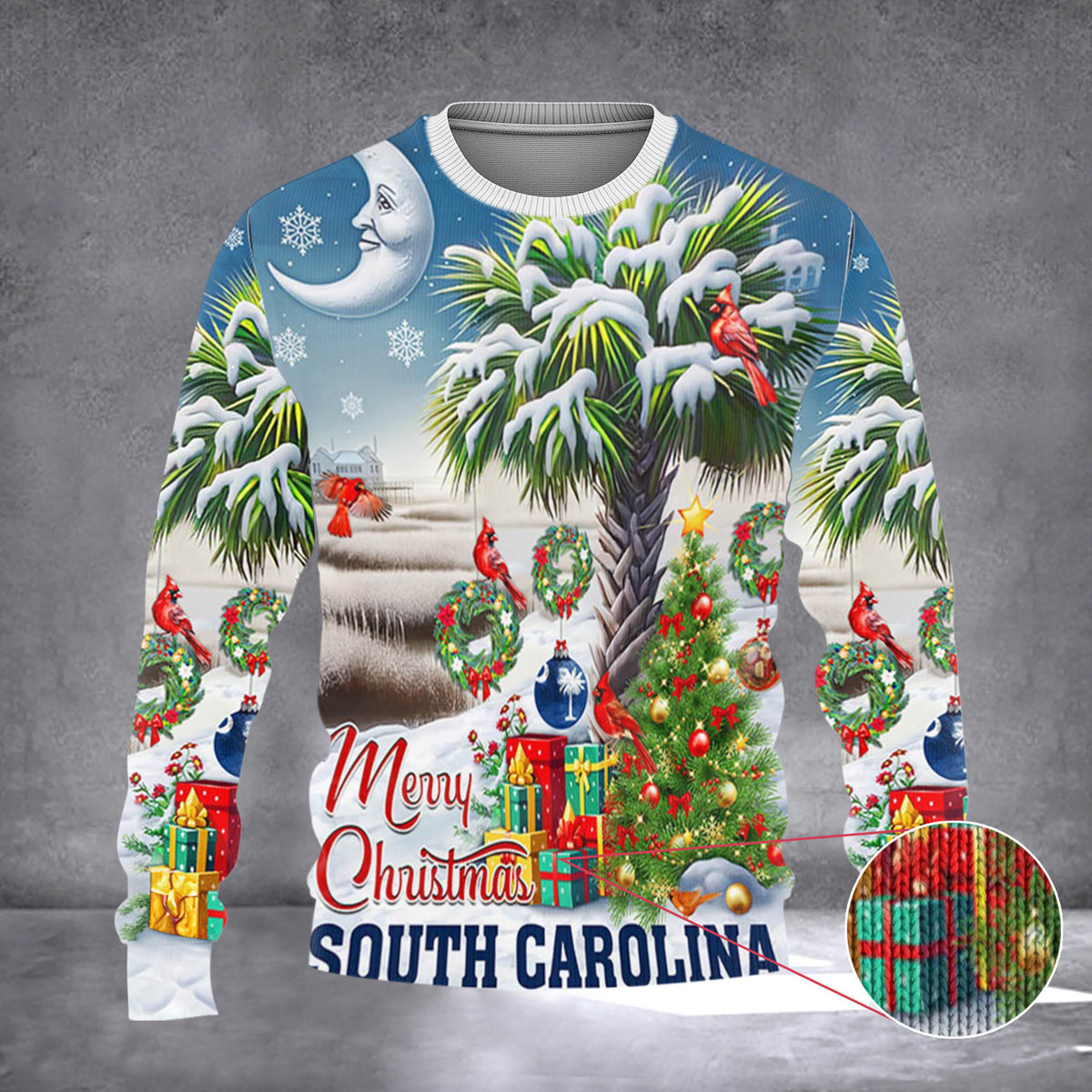 South Carolina Merry Christmas Ugly Xmas Sweater Palm Tree Cardinal Holiday Xmas Crewneck - Zadago
