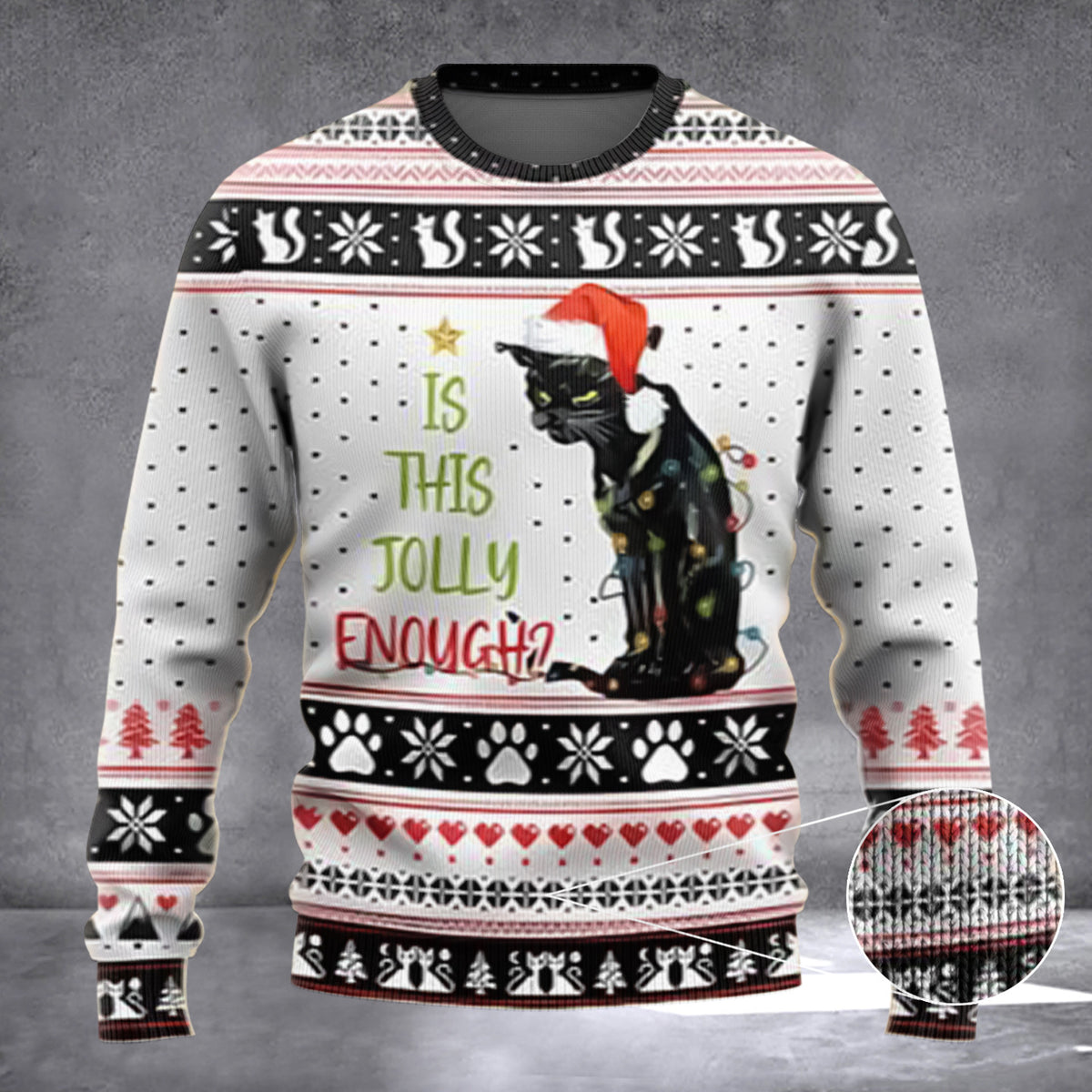 Black Cat Is This Jolly Enough Ugly Christmas Sweater It's Fine I'm Fine Everything Is Fine - Zadago