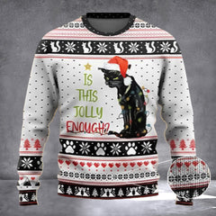 Black Cat Is This Jolly Enough Ugly Christmas Sweater It's Fine I'm Fine Everything Is Fine - Zadago